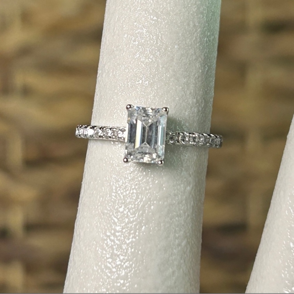 1 CT Emerald Cut Moissanite Ring 925 Silver, with Accent Diamonds on Shank